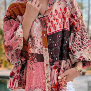 Floral Patchwork Button-Up Draped Balloon Sleeve Blouse