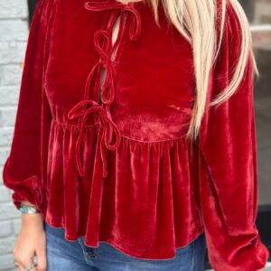 Deep Red Velvet Peplum Tie-Front Blouse
