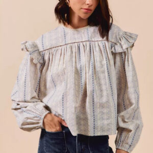 Blue Floral Ruffle Long Sleeve Relaxed Fit Blouse