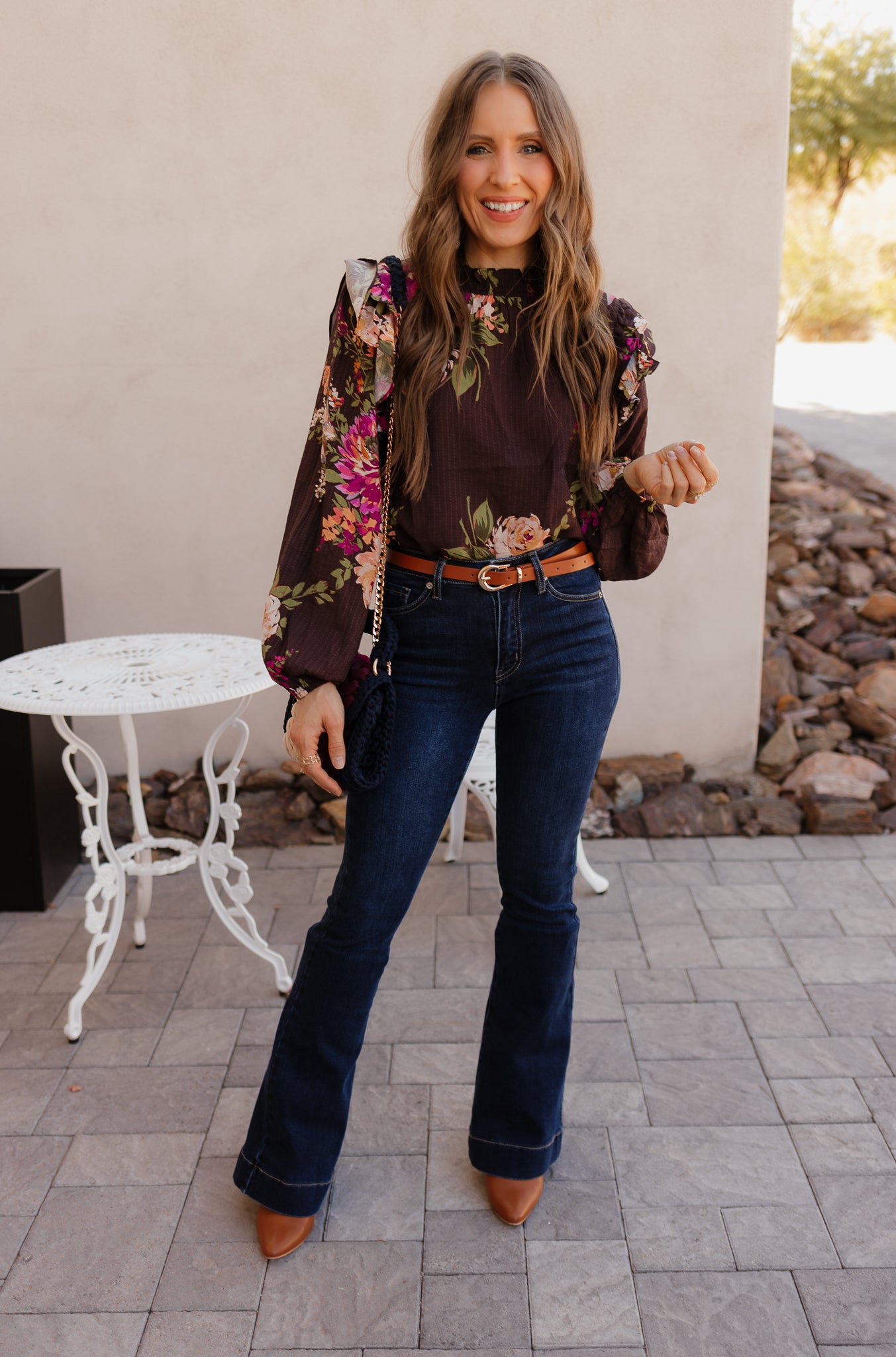 Floral Ruffle Draped Mock Neck Blouse - Image 4
