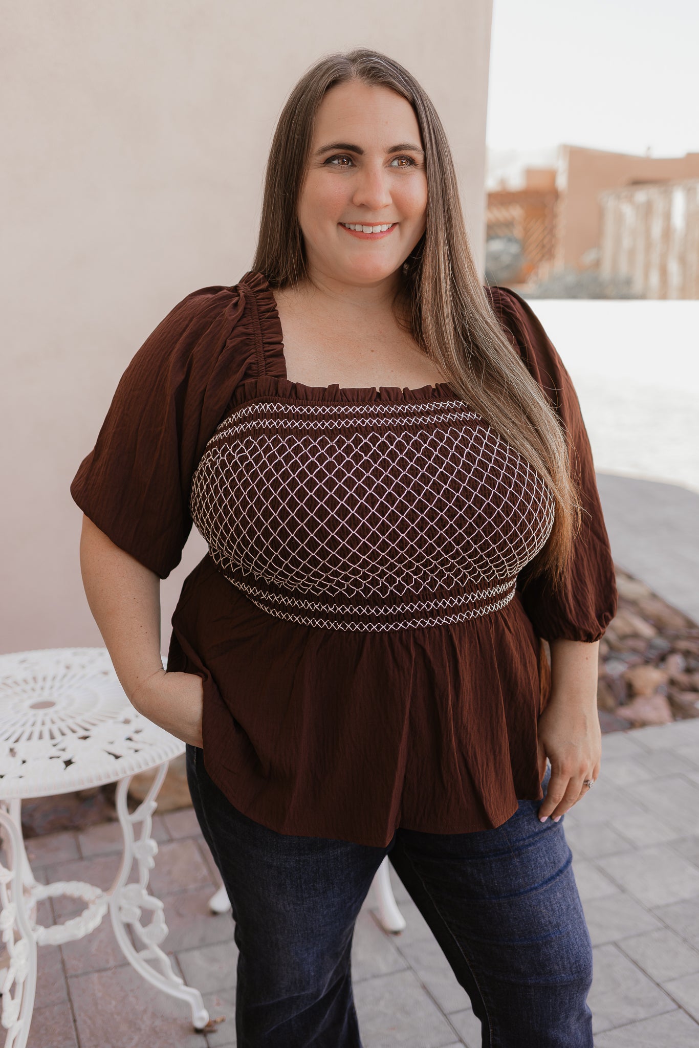 Chocolate Brown Embroidered Ruffle Smocked Peplum Blouse - Image 8