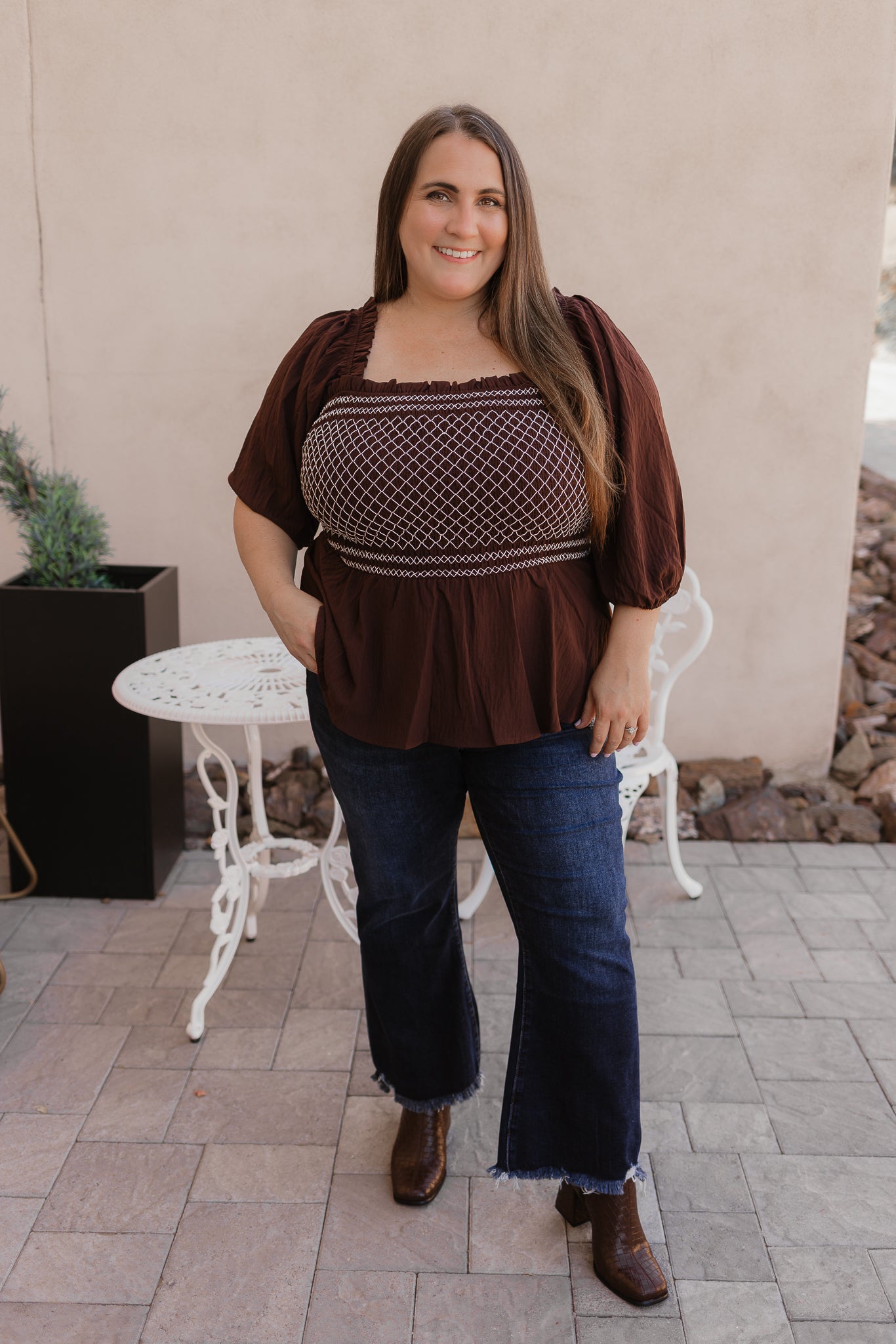 Chocolate Brown Embroidered Ruffle Smocked Peplum Blouse - Image 7