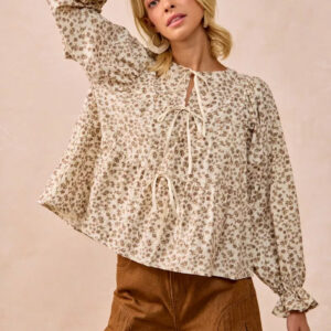 Oatmeal Floral Smocked Peplum Tie-Front Blouse