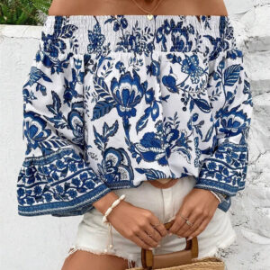 Navy Smocked Off-Shoulder Blouse
