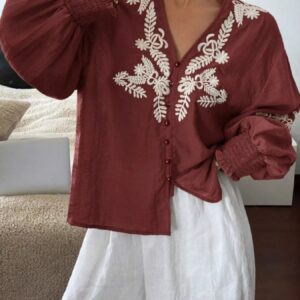 Burgundy Embroidered Long Sleeve Blouse