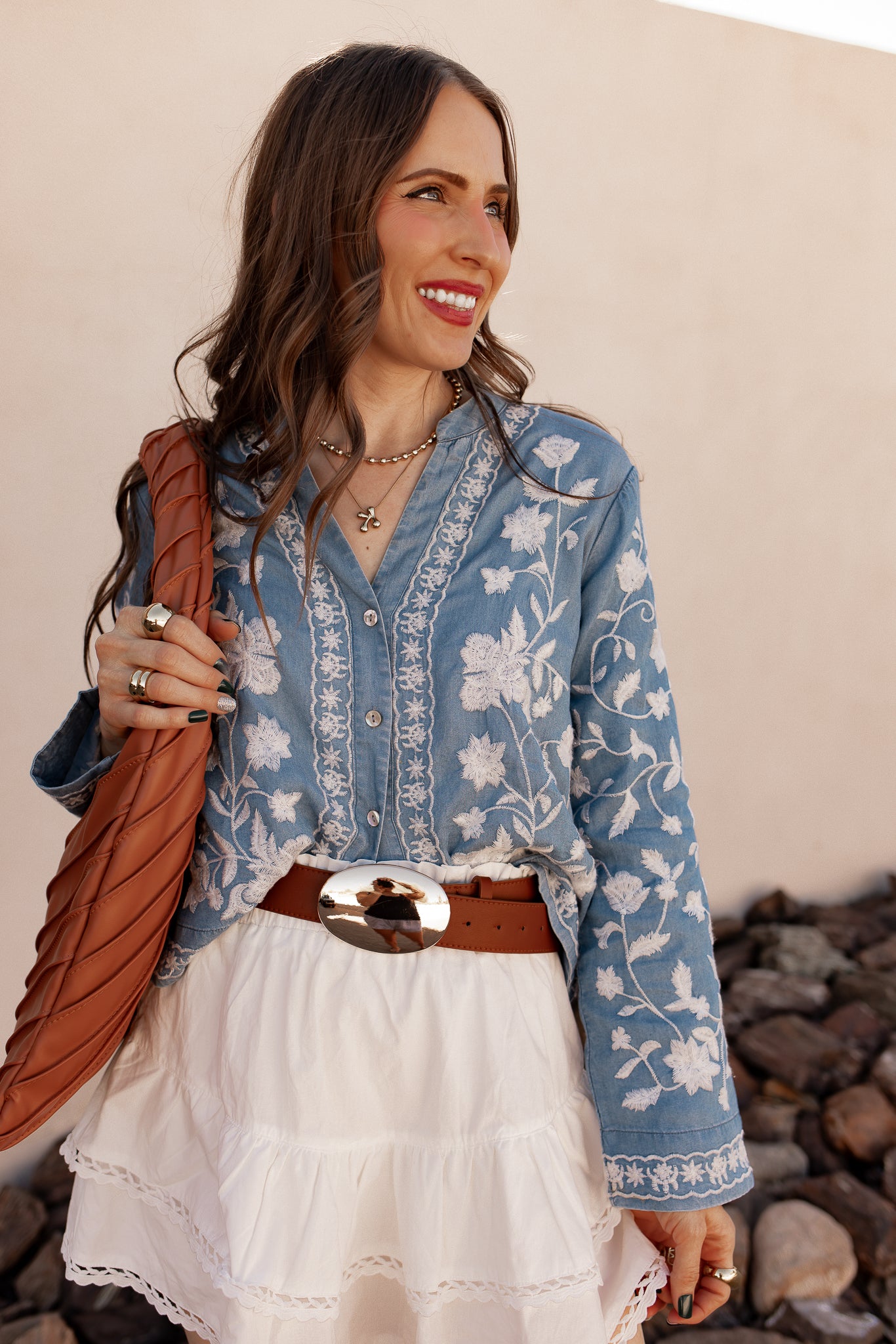 Light Blue Floral Embroidered Draped Long Sleeve Blouse - Image 2