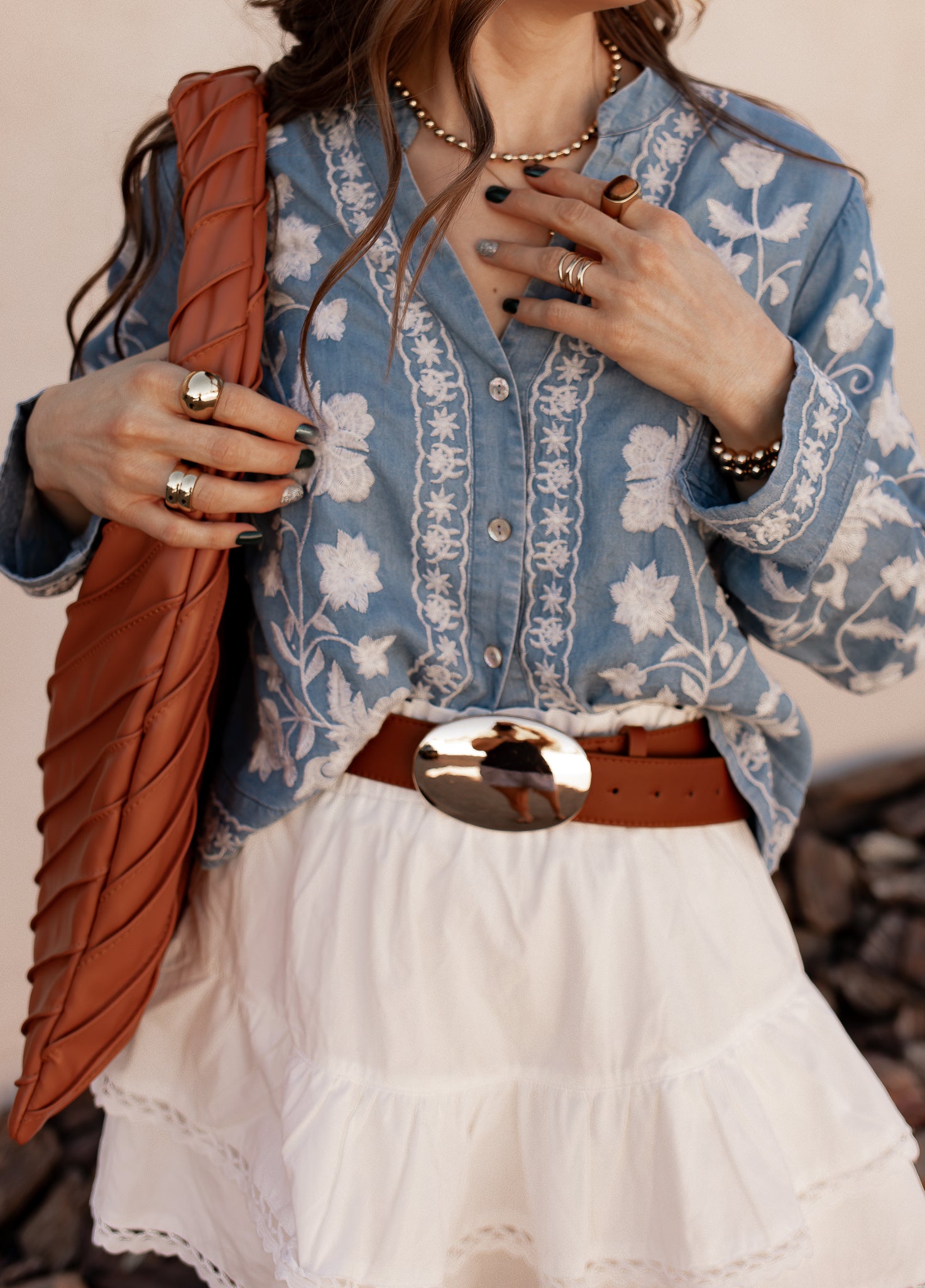 Light Blue Floral Embroidered Draped Long Sleeve Blouse - Image 3
